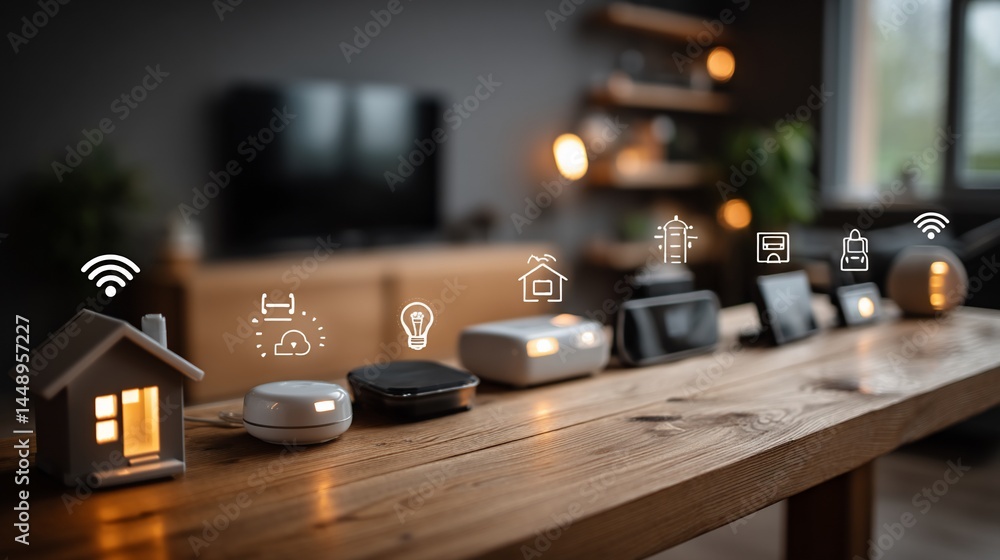 Smart home devices lined up on a wooden table Smart home devices lined up on a wooden table