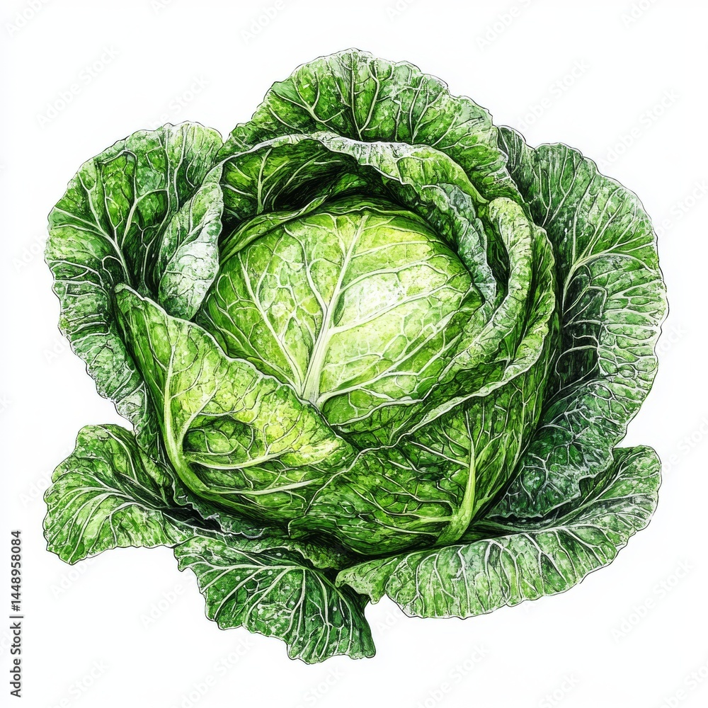 Fototapeta premium Vibrant Watercolor Cabbage Illustration on white background