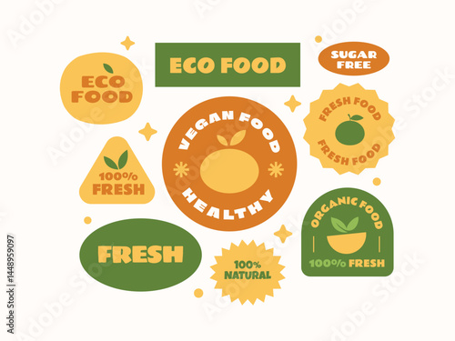 Collection of eco food labels stickers and badges for healthy eating