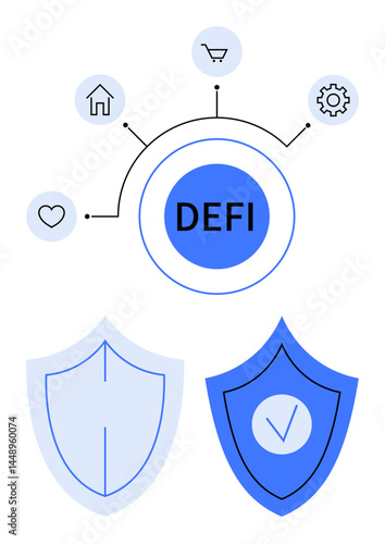 DeFi hub connecting home, health, shopping, and automation icons with secure shields. Ideal for finance, technology, security, blockchain, decentralization fintech simple landing page