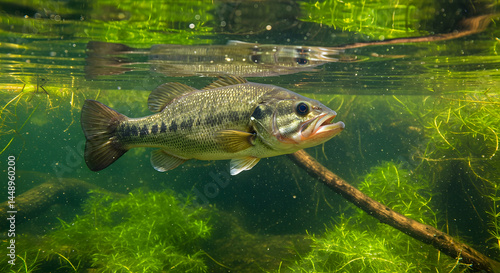 Largemouth Bass Swimming in a Clear Freshwater Habitat Underwater