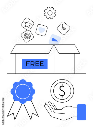 Open box labeled Free with floating icons for apps and services, gear for functionality, badge for quality, hand for monetary value. Ideal for innovation, freebies, rewards, marketing, success
