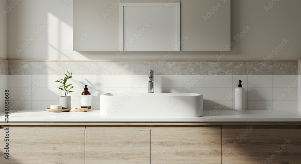 Fototapeta premium Modern Bathroom Interior with a Minimalist Design and Natural Accents