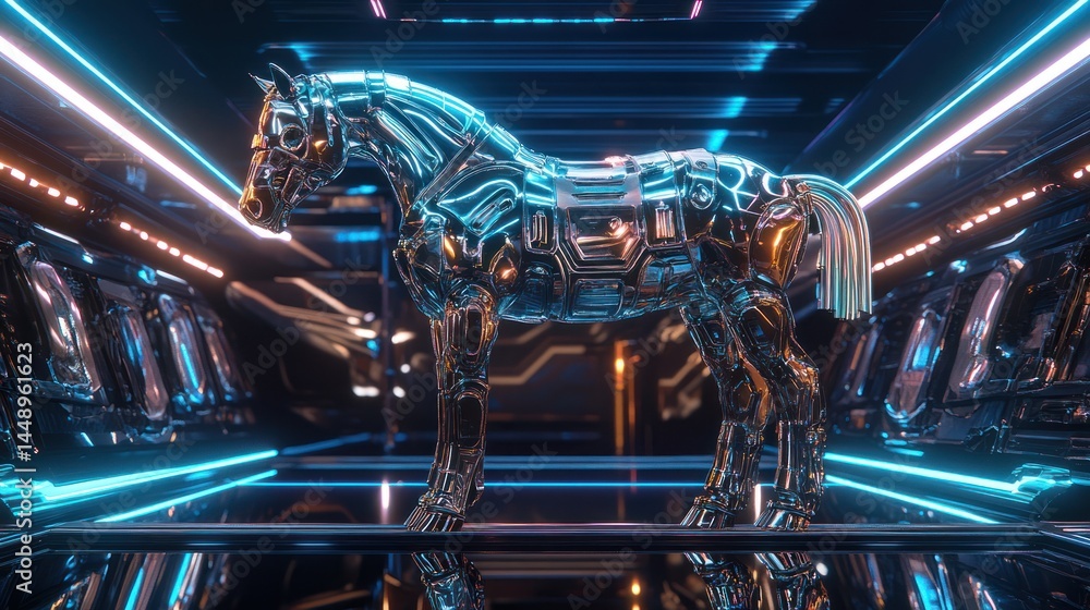 Futuristic robotic horse in a neon-lit spaceship hangar Futuristic robotic horse in a neon-lit spaceship hangar