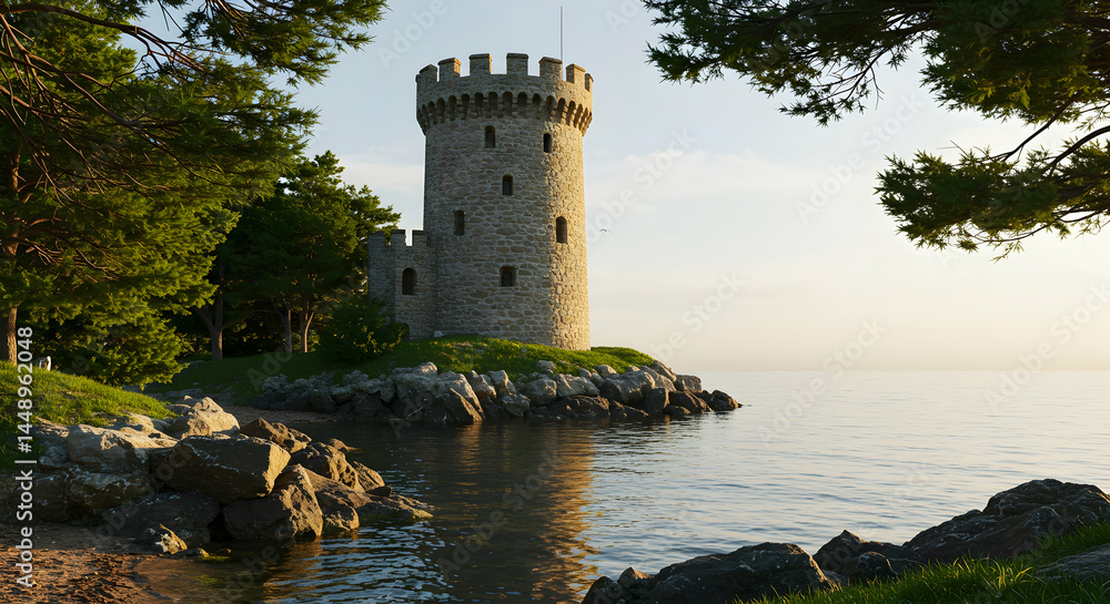 Scenic View of Stone Tower by Tranquil Lake with Lush Greenery Scenic View of Stone Tower by Tranquil Lake with Lush Greenery