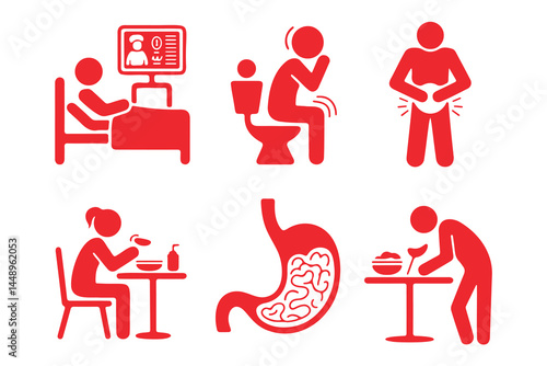 Red Icons Depicting Digestive System Health Stages