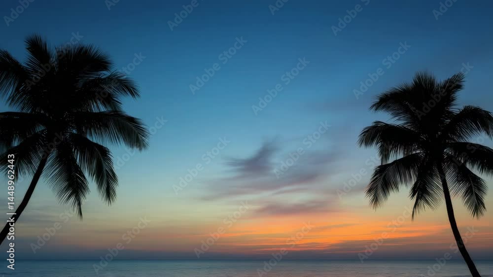 Tranquil landscape of sunset over ocean with palm trees, embracing natures serenity. Tranquil landscape of sunset over ocean with palm trees, embracing natures serenity.