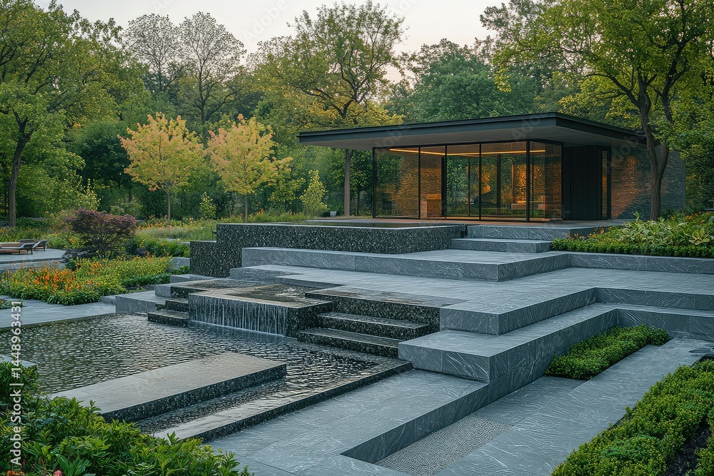 Fototapeta premium Modern garden pavilion with tranquil oasis.