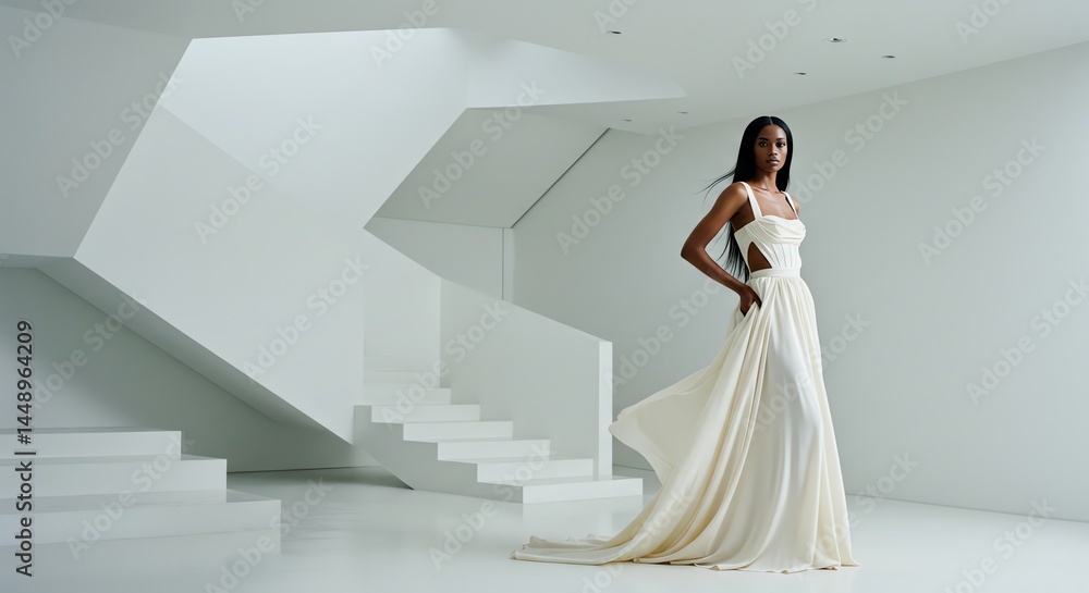 Fashion Model in White Gown Posing in Modern Interior Fashion Model in White Gown Posing in Modern Interior