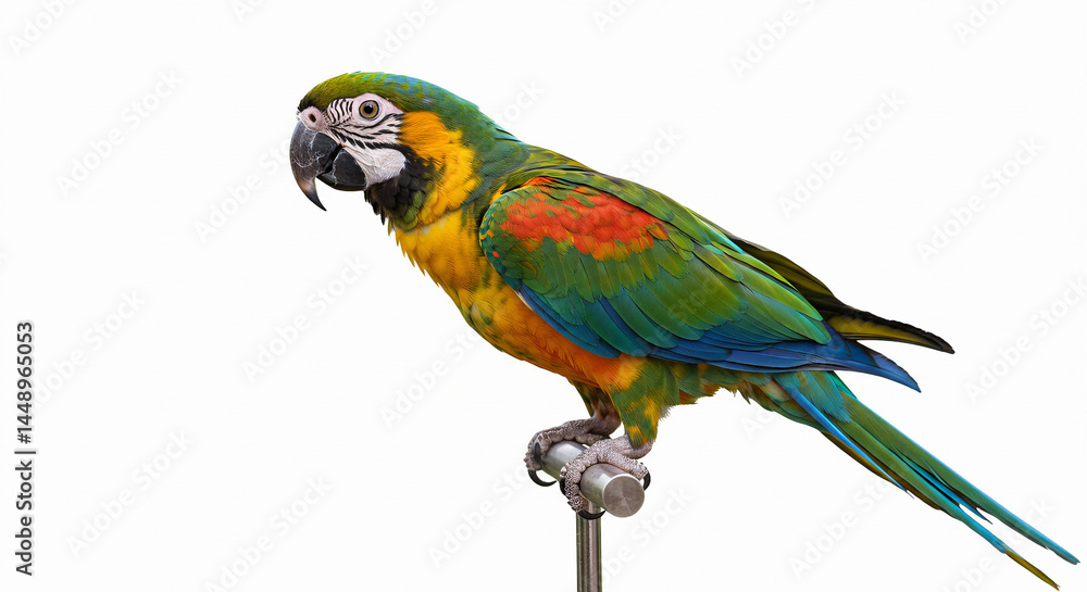 Fototapeta premium Colorful Blue-and-Yellow Macaw Perched on a Metal Stand Against a White Background