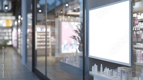 Modern Pharmacy Store Mockup Blank Sign White Products Retail Display Showcase Interior Design Clean Shop Window Advertisement Template Commercial Space Business         