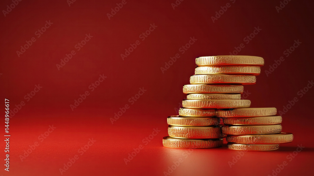 A pile of gold coins on a red background. The coins are stacked on top of each other, creating a sense of height and importance. The red background adds a sense of warmth and richness to the scene A pile of gold coins on a red background. The coins are stacked on top of each other, creating a sense of height and importance. The red background adds a sense of warmth and richness to the scene