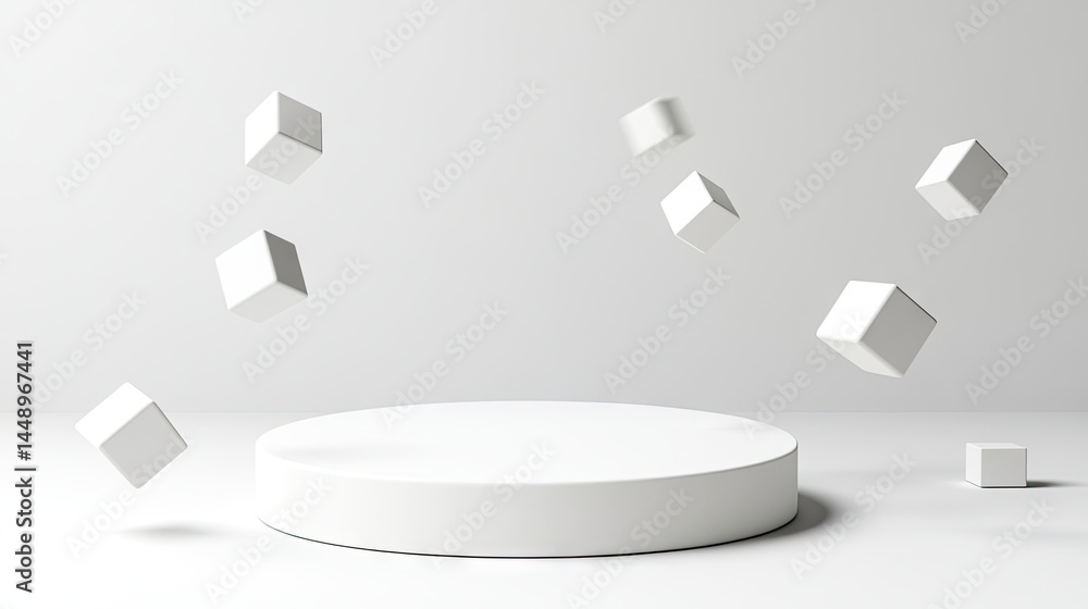 Floating white cubes on a circular white podium. Floating white cubes on a circular white podium.