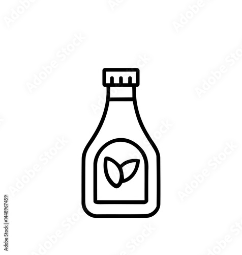 Minimalist syrup bottle line drawing, containing plant extract symbol for organic health food products, drink ingredient icon on a transparent background