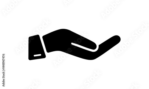 Symbolic open hand offering or receiving something, presented in minimalist black silhouette, suggesting support and charity on a transparent background
