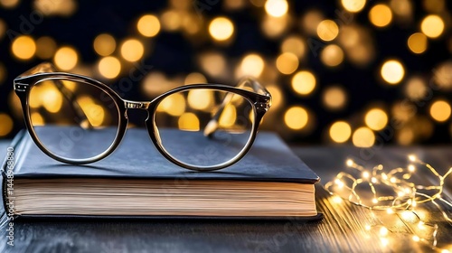 Eyeglasses on book with bokeh lights knowledge