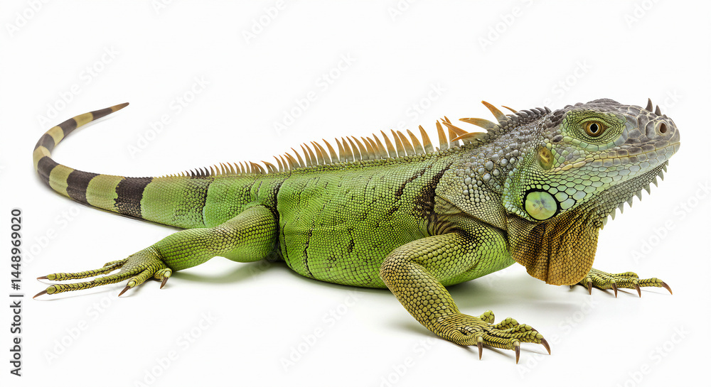 Obraz premium Green Iguana with Spikes on a White Background
