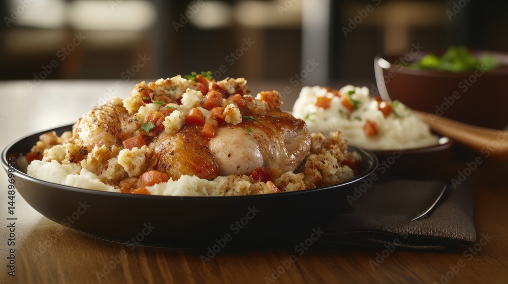 Delicious Chicken Meal with Mashed Potatoes and Savory Stuffing Garnish Delicious Chicken Meal with Mashed Potatoes and Savory Stuffing Garnish