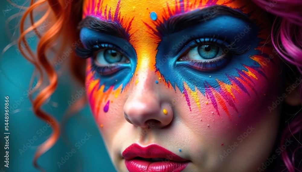Close-up view of a painted face pattern, vibrant colors and bold strokes , background, unique, vivid Close-up view of a painted face pattern, vibrant colors and bold strokes , background, unique, vivid