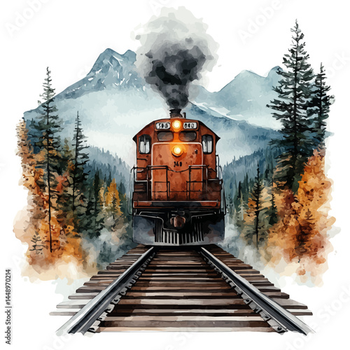 illustration of Antique Steam Locomotive On A Railway Track, watercolor vector, isolated on a white background.