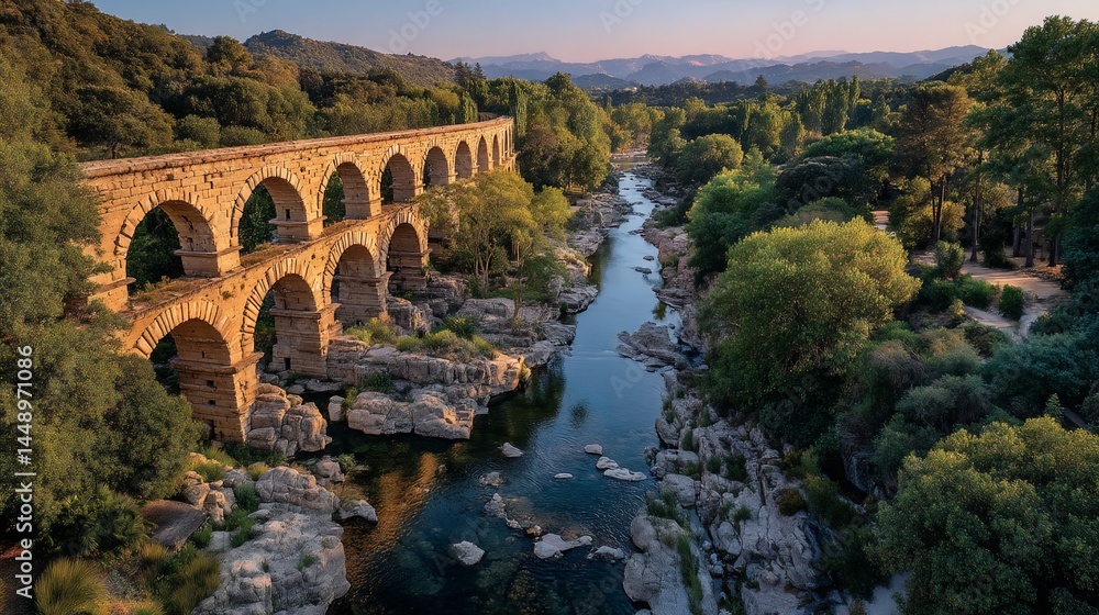 Fototapeta premium Ancient bridge spanning a tranquil river valley