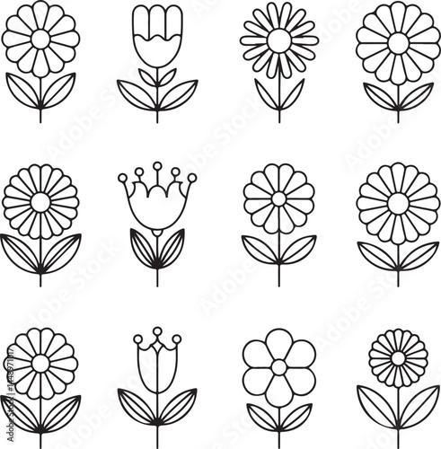 Flowers and leaves line art icon bundle 