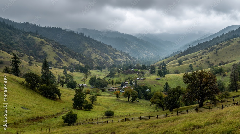 Fototapeta premium Misty valley, rolling hills