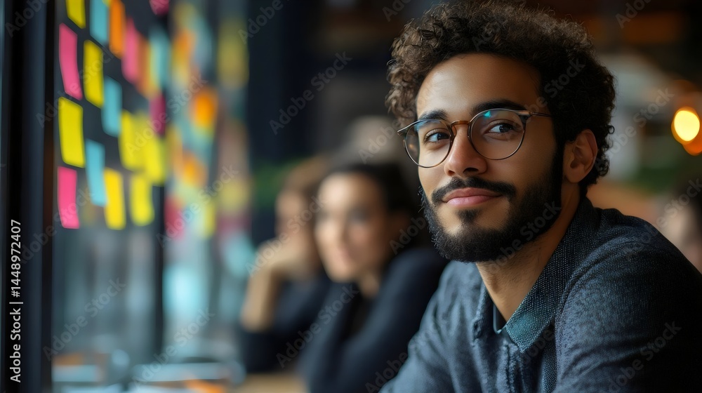 A handsome man in glasses smiles, sitting at his work with his team in the background. A handsome man in glasses smiles, sitting at his work with his team in the background.