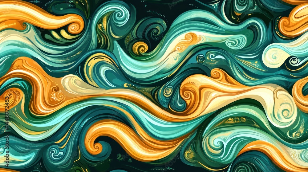 Abstract swirling patterns of teal, gold, and cream hues. Abstract swirling patterns of teal, gold, and cream hues.