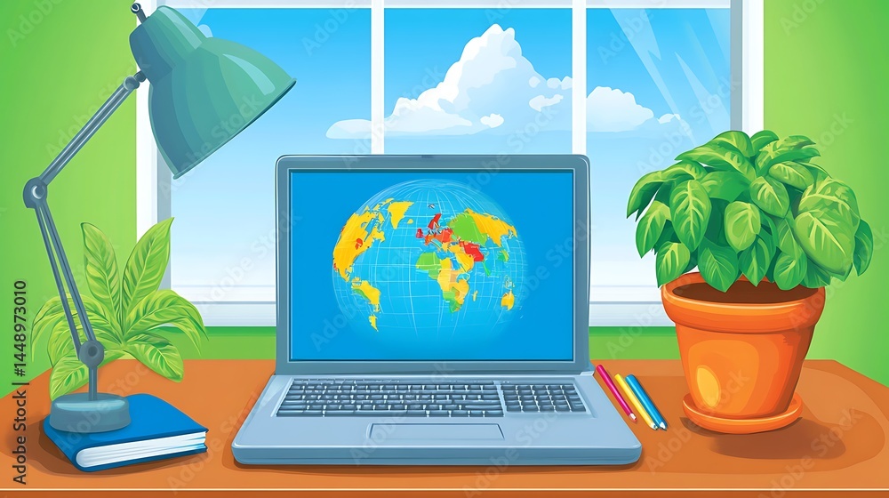 Fototapeta premium Laptop displaying world map indoor scene
