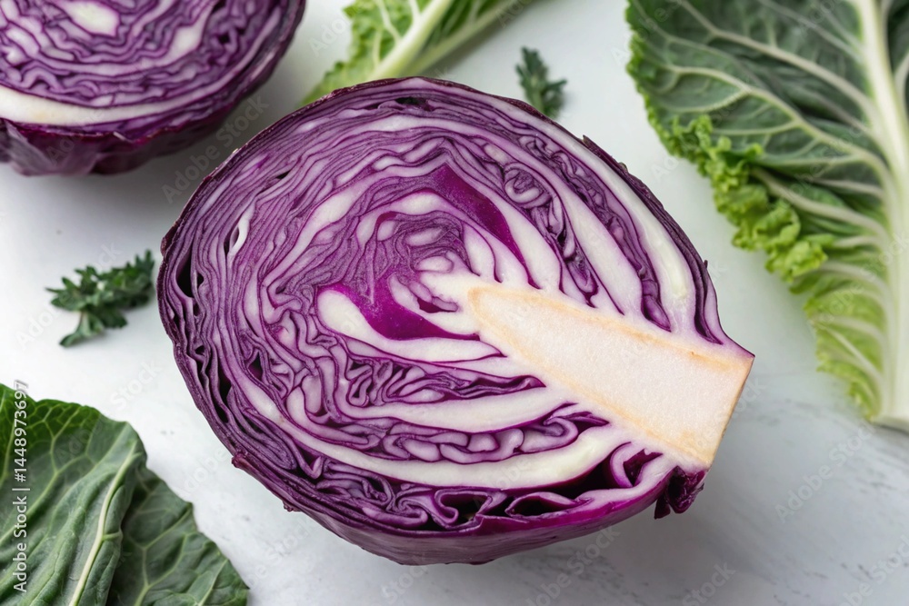 Fototapeta premium Background of the blue cabbage in the cut. Close up, top view. Texture raw purple cabbage - generated by ai