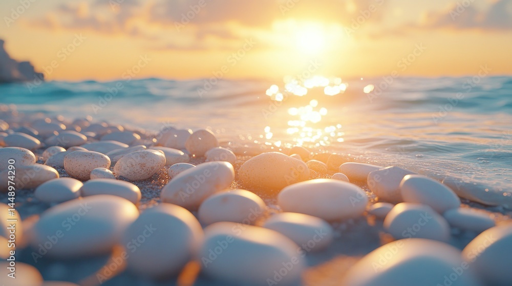 Obraz premium Sunset ocean waves wash white pebbles on beach