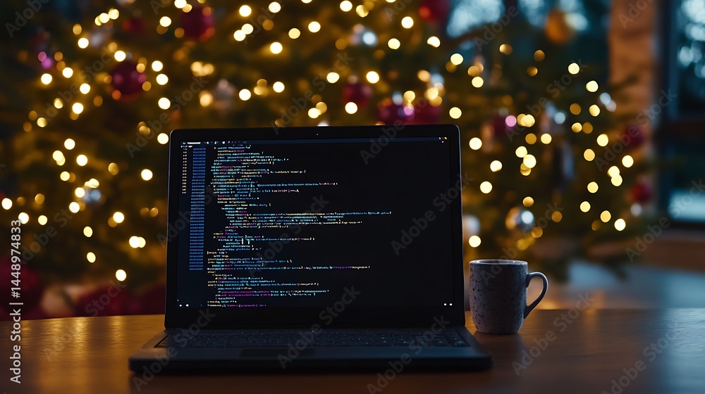 Laptop with code and christmas tree lights Laptop with code and christmas tree lights