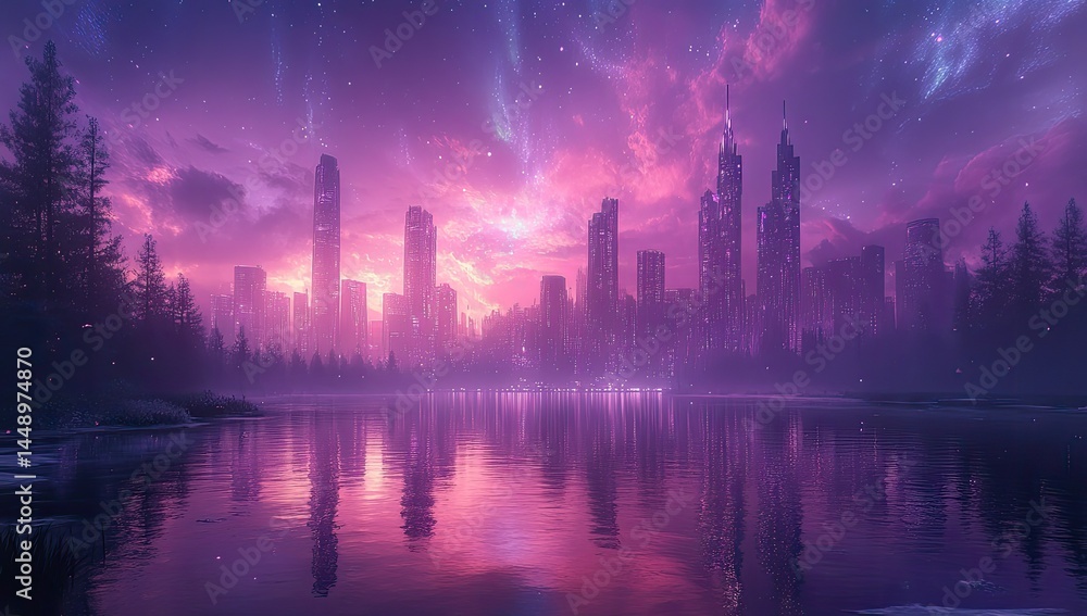 Fototapeta premium Pink city sunset with lake, and forest.