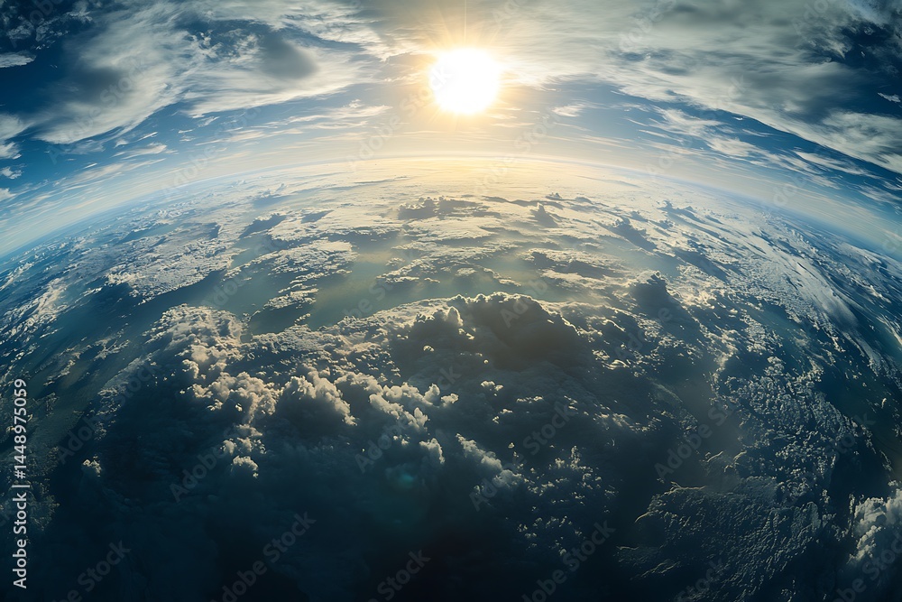 Naklejka premium Breathtaking Earth sunrise view from space showcasing stunning cloudscape vibrant colors and golden sunlight rays