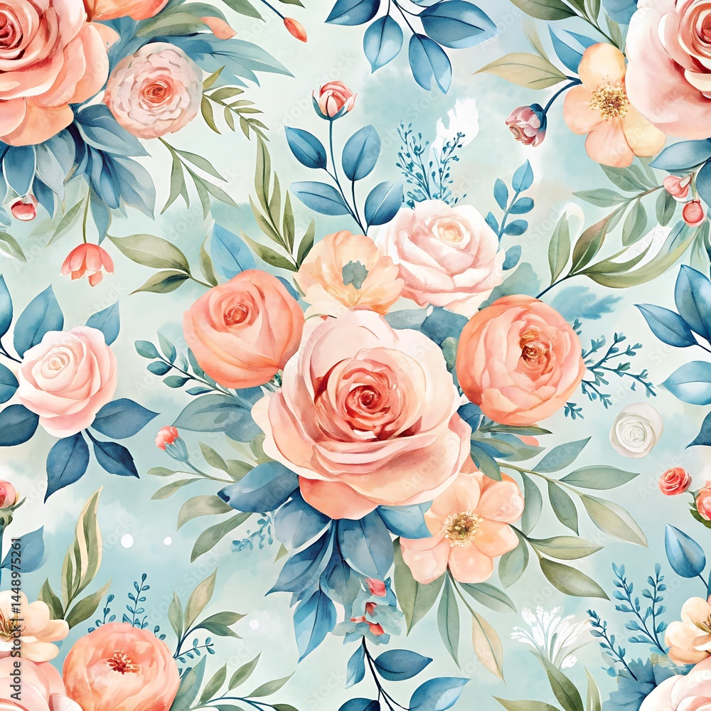 Fototapeta Watercolor Florals in Pale Coral and Dusty Blue