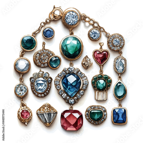 watercolor of Antique Charm Bracelet With Unique Trinkets, vector, isolated on a white background.