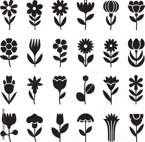 flowers and leaves icon silhouette bundle isolated illustration