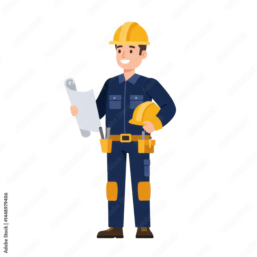 Smiling construction worker reviewing blueprints illustration Smiling construction worker reviewing blueprints illustration