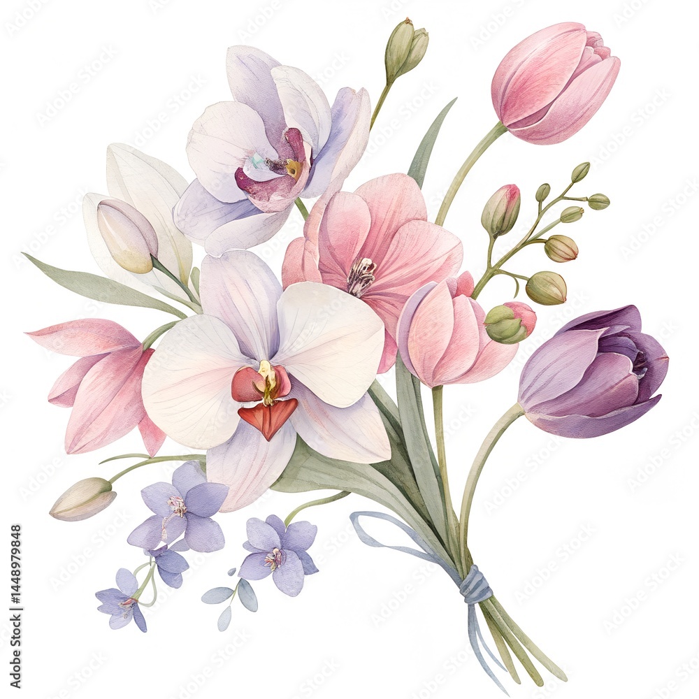 Naklejka premium Watercolor Bouquet of Pastel Orchids and Tulips