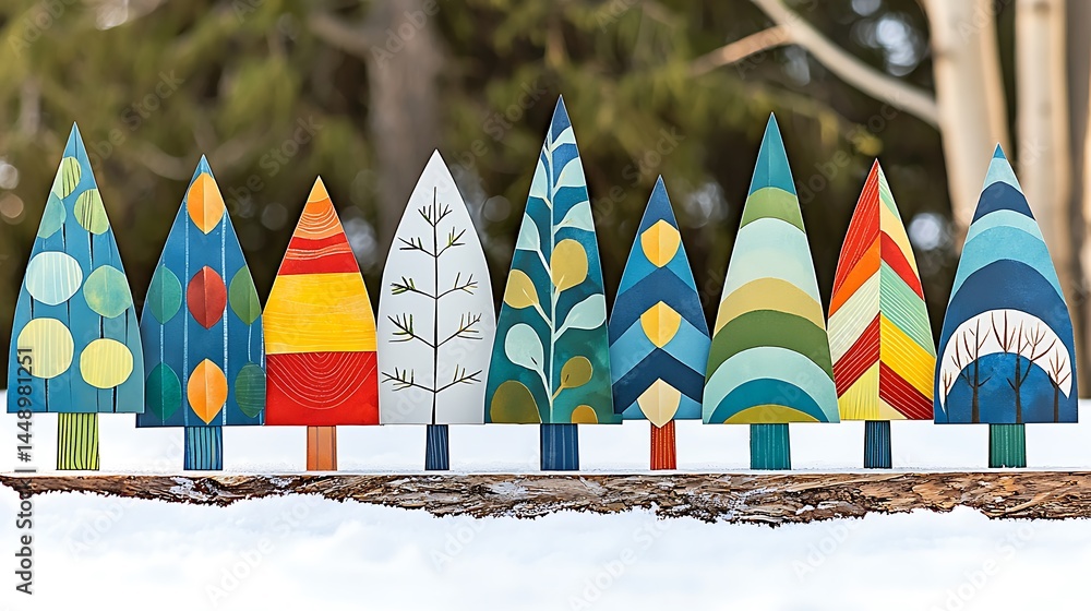 Obraz premium Hand-Painted Wooden Christmas Trees on Snowy Log