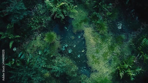 Aerial view of a lush, dark forest floor with a small pond.
