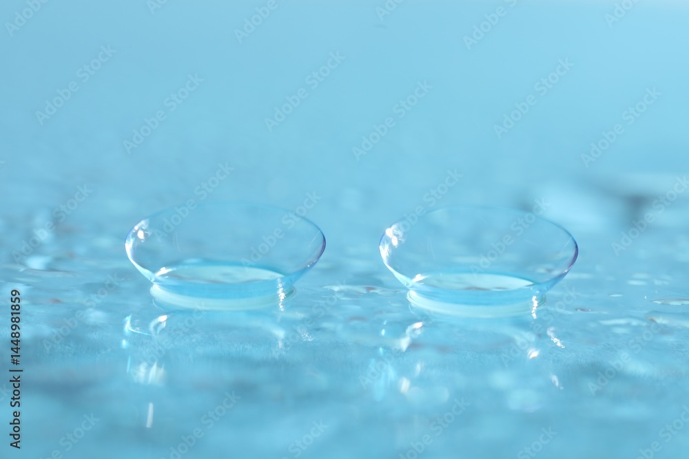 Pair of contact lenses and water drops on light blue mirror surface, closeup Pair of contact lenses and water drops on light blue mirror surface, closeup