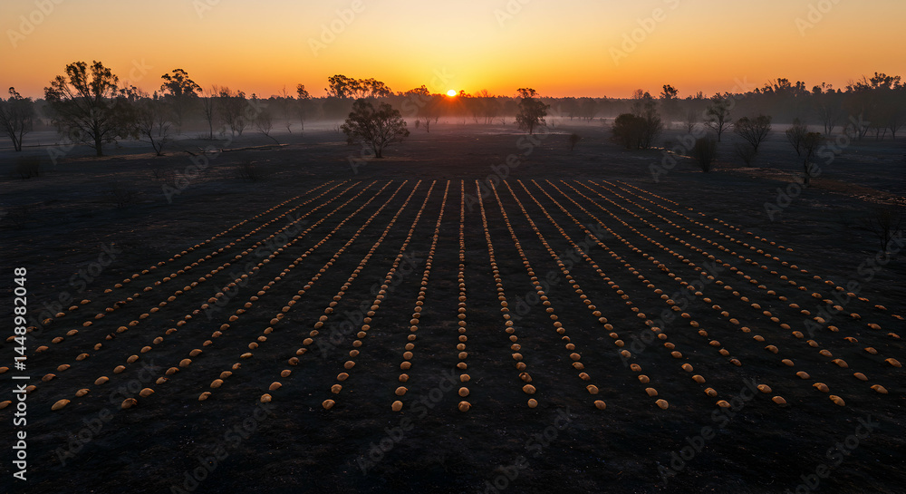 Obraz premium Field with Rows of Round Objects at Sunrise Landscape