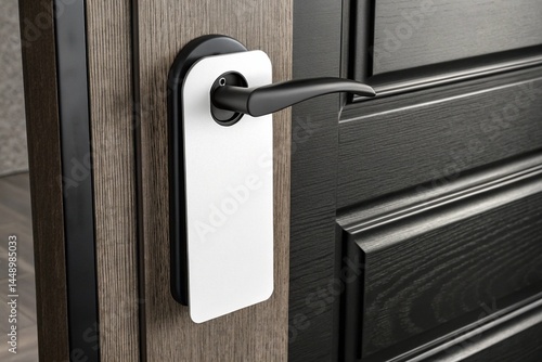 Close up mockup of a blank white door hanger on a black hotel room doorknob