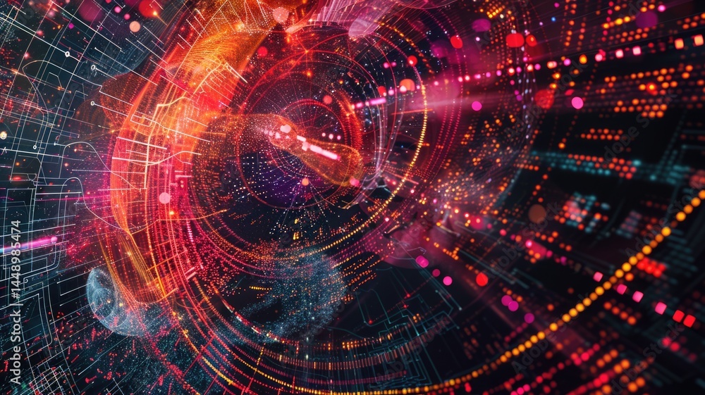 Obraz premium Abstract picture micro light sparkling particle represent data flow vivid flowing wave with high tech background, create digital effect scene perfect for energetic and fantasy wallpaper design. AIG53.