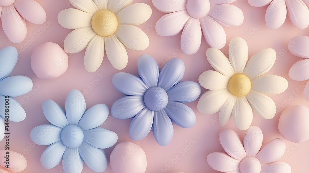 Obraz premium Cute 3D squishy rubber daisy flowers in soft pastel tones with neutral background generative ai