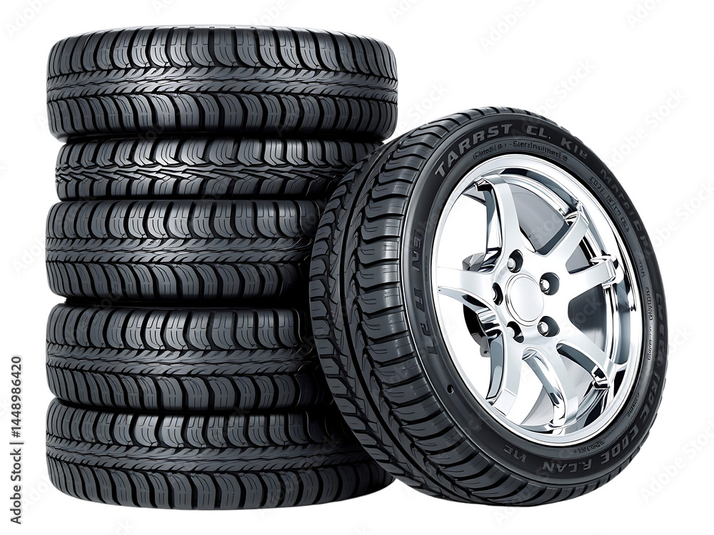 Obraz premium Stack of New Car Tires with Chrome Alloy Wheel on a transparent background