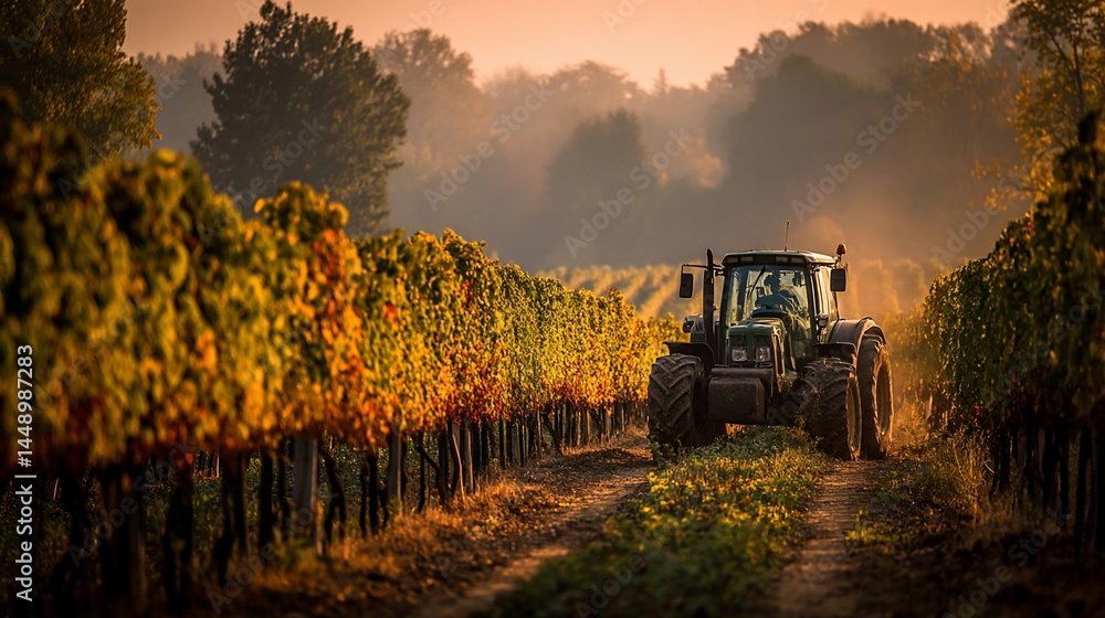 Fototapeta premium Tractor in vineyard at sunrise