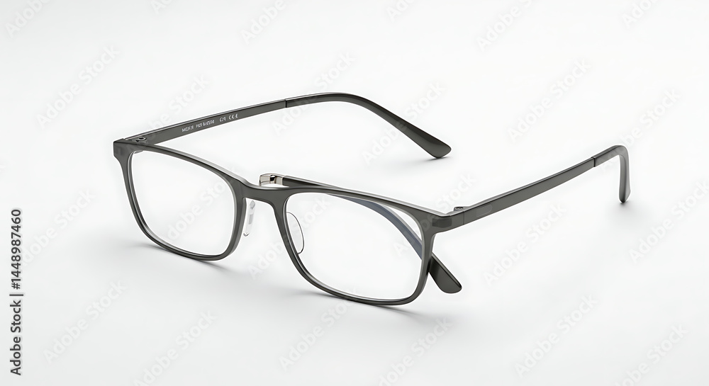 Pair of reading glasses folded neatly on white background, clear lenses and modern frame Pair of reading glasses folded neatly on white background, clear lenses and modern frame